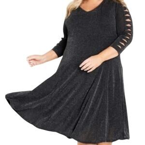 Evans Plus Size Glam Sleeve V-Neck Dress in Black Silver